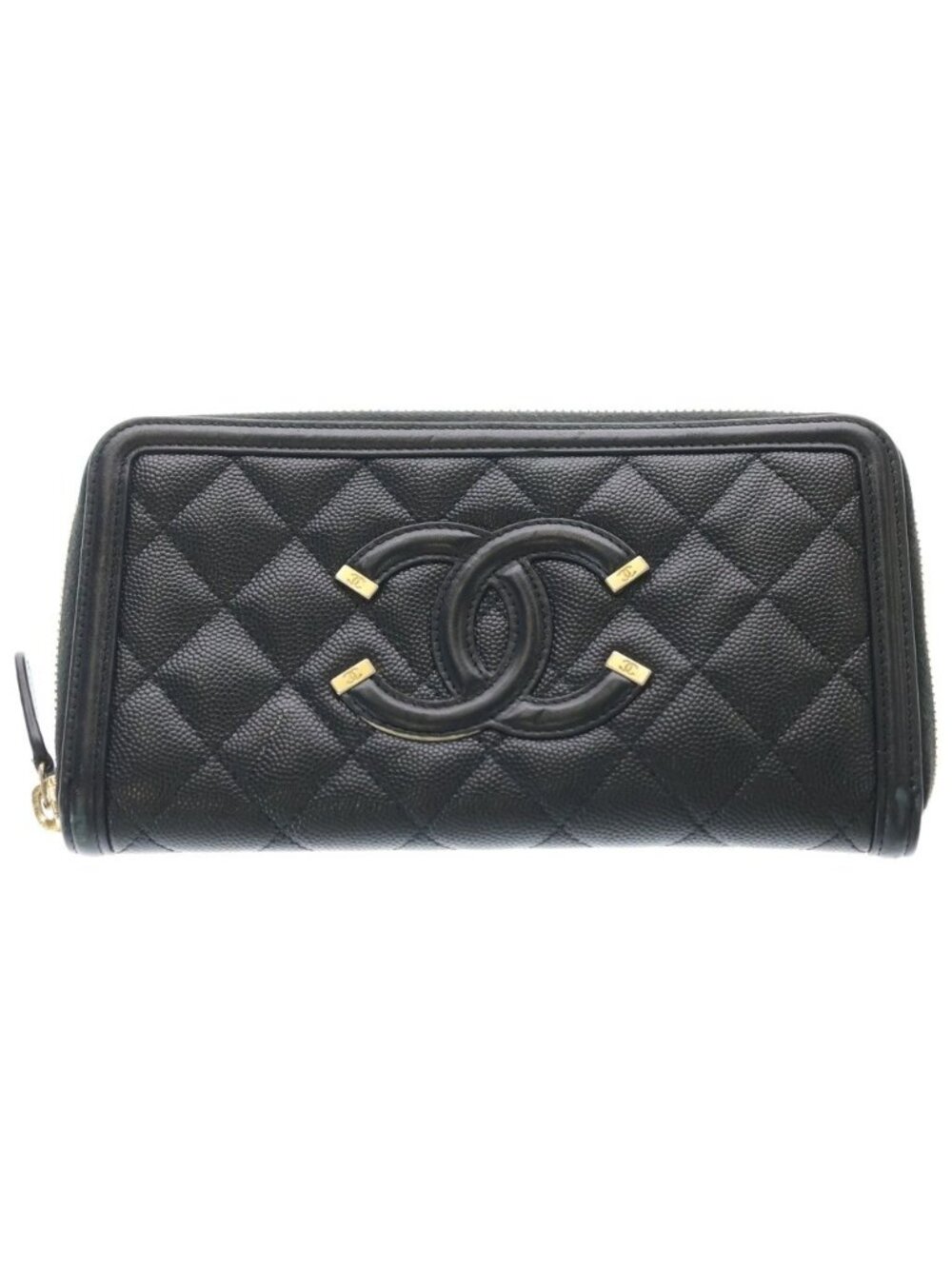 Chanel CC Filigree Zip Around Wallet Black Leather Gold